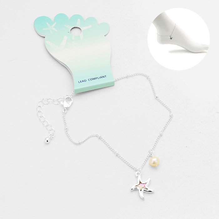 Abalone Metal Starfish Detail Pearl Charm Anklet