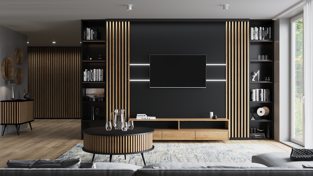 STOLIK KAWOWY RONDA CZARNA OKRĄGŁA DĄB LAMELE SALON