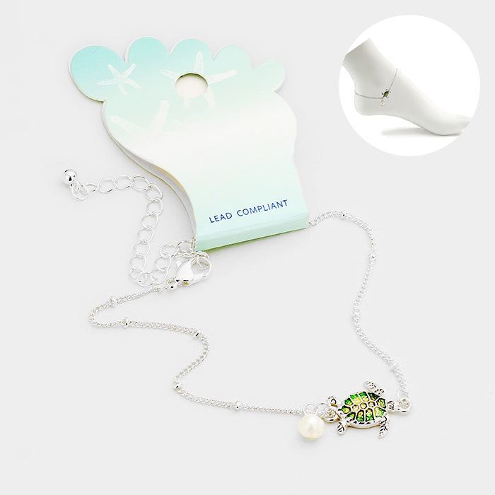 Colored Metal Turtle Pearl Charm Anklet