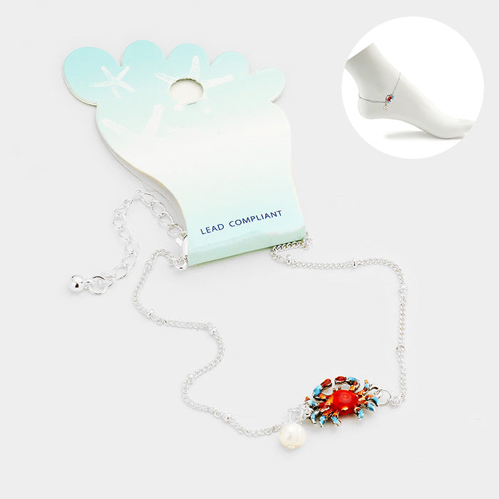 Colored Metal Crab Pearl Charm Anklet