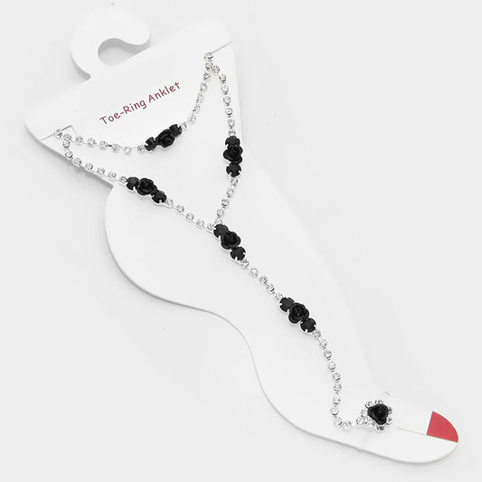 Metal rose embellished crystal rhinestone anklet