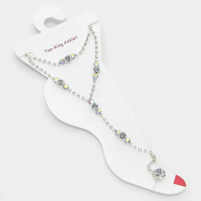 Metal rose embellished crystal rhinestone anklet