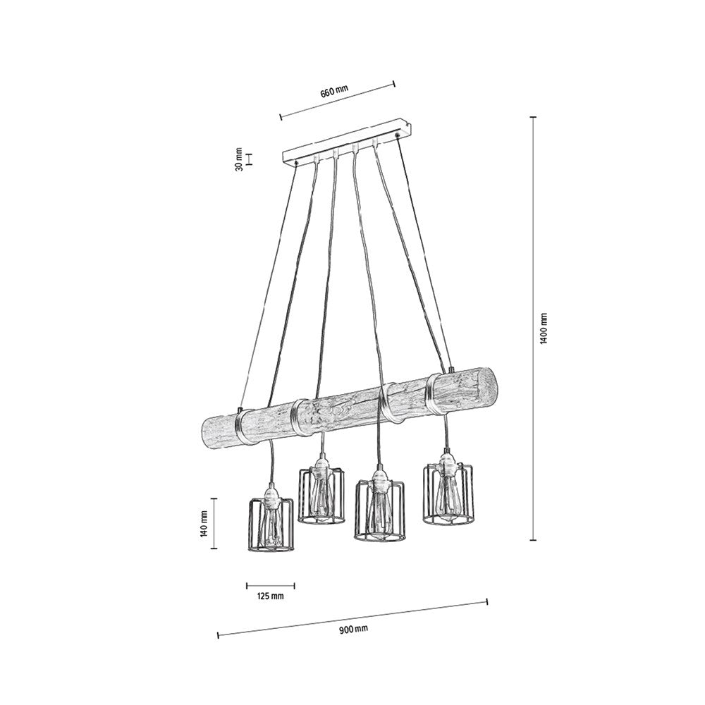 Keyla Lampa Wisząca 4xE27 Max.60W Czarny/Sosna Naturalna