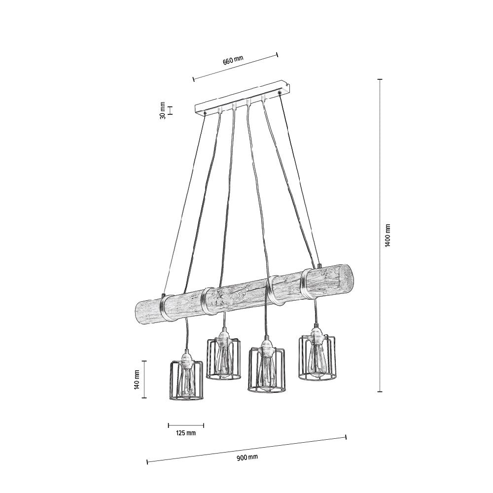 Keyla Lampa Wisząca 4xE27 Max.60W Czarny/Sosna Szara