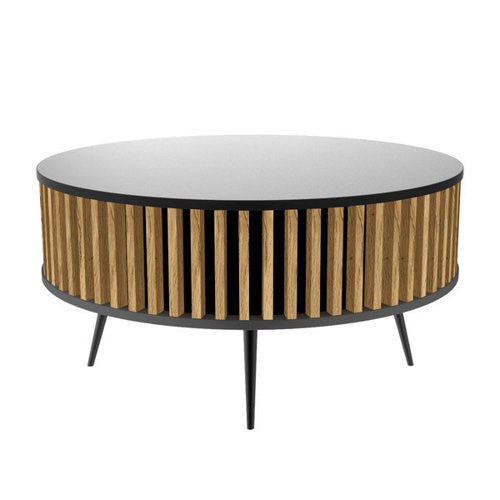 STOLIK KAWOWY RONDA CZARNA OKRĄGŁA DĄB LAMELE SALON